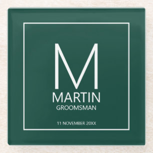 Modern Personalised Monogram and Name Groomsmen Glass Coaster