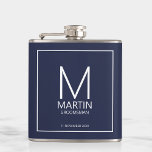 Modern Personalised Monogram and Name Groomsmen Hip Flask<br><div class="desc">Add a personal touch to your wedding with personalised groomsmen flask.
This flask features personalised groomsman's monogram and name with title and wedding date in white modern sans serif font style on navy blue background.

Also perfect for best man,  father of the bride and more.</div>