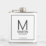 Modern Personalised Monogram and Name Groomsmen Hip Flask<br><div class="desc">Add a personal touch to your wedding with personalised groomsmen flask.
This flask features personalised groomsman's monogram and name with title and wedding date in black modern sans serif font style on white background.

Also perfect for best man,  father of the bride and more.</div>