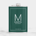 Modern Personalised Monogram and Name Groomsmen Hip Flask<br><div class="desc">Add a personal touch to your wedding with personalised groomsmen flask.
This flask features personalised groomsman's monogram and name with title and wedding date in white modern sans serif font style on emerald green background.

Also perfect for best man,  father of the bride and more.</div>