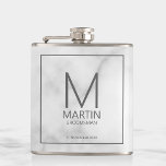 Modern Personalised Monogram and Name Groomsmen Hip Flask<br><div class="desc">Add a personal touch to your wedding with personalised groomsmen flask.
This flask features personalised groomsman's monogram and name with title and wedding date in grey modern sans serif font style on white marble background.

Also perfect for best man,  father of the bride and more.</div>
