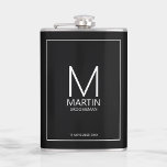 Modern Personalised Monogram and Name Groomsmen Hip Flask<br><div class="desc">Add a personal touch to your wedding with personalised groomsmen flask.
This flask features personalised groomsman's monogram and name with title and wedding date in white modern sans serif font style on black background.

Also perfect for best man,  father of the bride and more.</div>