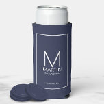 Modern Personalised Monogram and Name Groomsmen Seltzer Can Cooler<br><div class="desc">Add a personal touch to your wedding with personalised groomsmen can cooler.
This can cooler features personalised groomsman's monogram and name with title and wedding date in white modern sans serif font style on navy blue background.

Also perfect for best man,  father of the bride and more.</div>