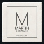 Modern Personalised Monogram and Name Groomsmen Stone Coaster<br><div class="desc">Add a personal touch to your wedding with personalised groomsmen stone coaster.
This coaster features personalised groomsman's monogram and name with title and wedding date in black modern sans serif font style on white marble background.

Also perfect for best man,  father of the bride and more.</div>