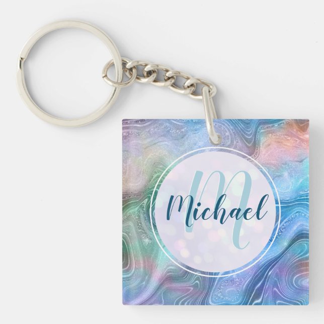 Modern Personalised Monogram and Name Liquid  Key Ring (Front)