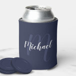 Modern Personalised Monogram and Name Navy Blue Can Cooler<br><div class="desc">Personalised Monogram and Name Gift
featuring personalised name in white modern script font style and monogram in light navy blue modern script font style as background
on navy blue background.

Perfect as holiday gift,  family reunion favours,  thank you gift for groomsmen and gift for any special occasions.</div>