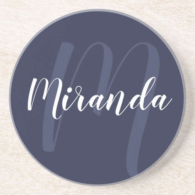 Modern Personalised Monogram and Name Navy Blue Coaster (Front)