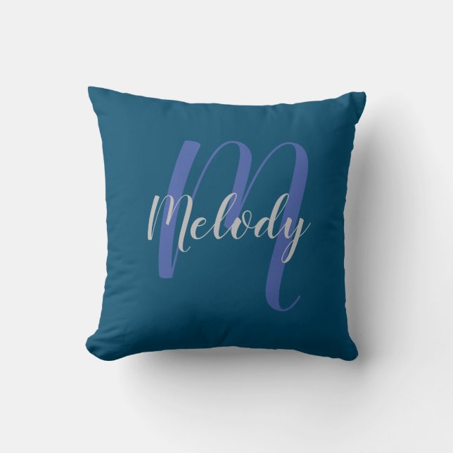 Modern Personalised Monogram and Name Navy Blue Cushion (Front)