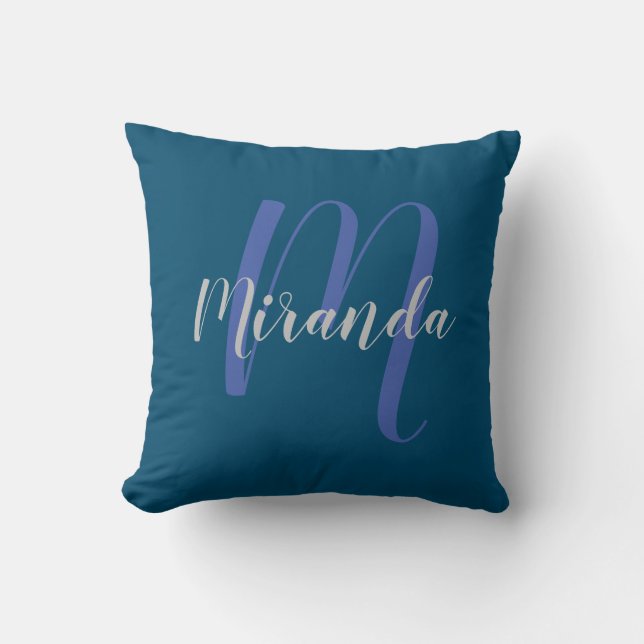 Modern Personalised Monogram and Name Navy Blue Cushion (Front)