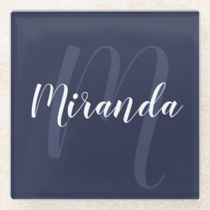 Modern Personalised Monogram and Name Navy Blue Glass Coaster