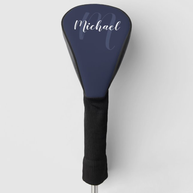 Modern Personalised Monogram and Name Navy Blue Golf Head Cover (Front)