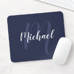 Modern Personalised Monogram and Name Navy Blue Mouse Pad<br><div class="desc">Personalised Monogram and Name Gift
featuring personalised name in white modern script font style and monogram in light navy blue modern script font style as background
on navy blue background.</div>