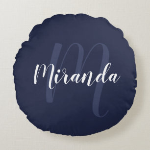 Modern Personalised Monogram and Name Navy Blue Round Cushion