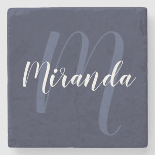 Modern Personalised Monogram and Name Navy Blue Stone Coaster