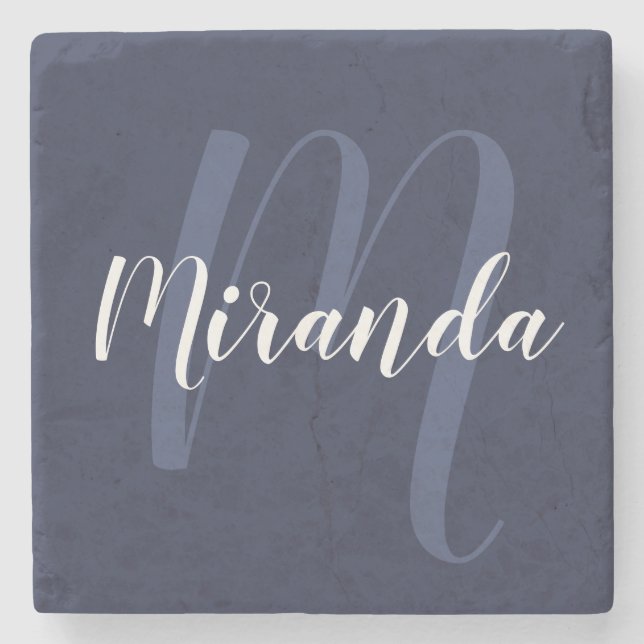 Modern Personalised Monogram and Name Navy Blue Stone Coaster (Front)