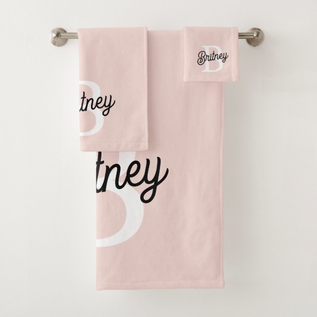 Modern Personalised Monogram and Name Pastel Pink Bath Towel Set (Insitu)