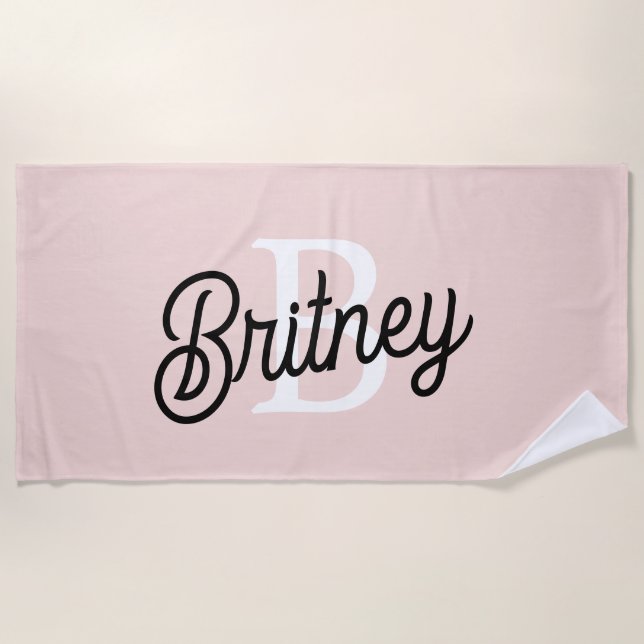 Modern Personalised Monogram and Name Pastel Pink Beach Towel (Front)