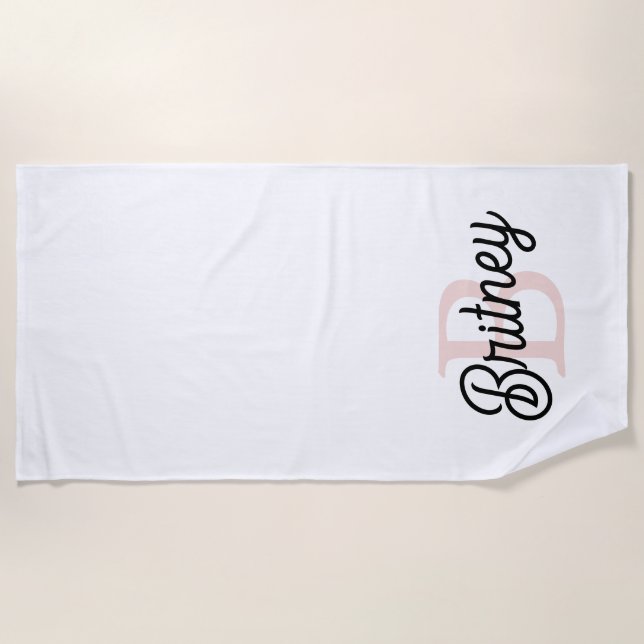 Modern Personalised Monogram and Name Pastel Pink Beach Towel (Front)
