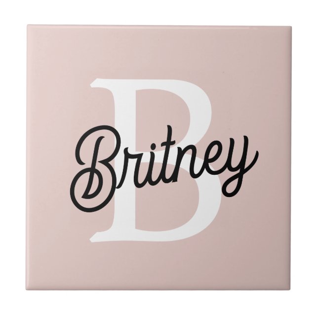 Modern Personalised Monogram and Name Pastel Pink Ceramic Tile (Front)