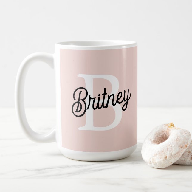 Modern Personalised Monogram and Name Pastel Pink Coffee Mug (With Donut)