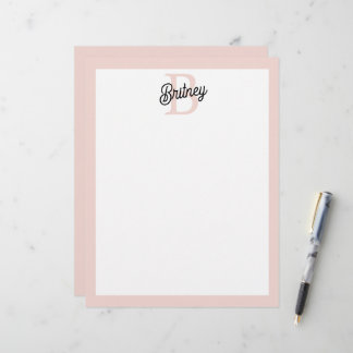 Modern Personalised Monogram and Name Pastel Pink Custom Letterhead