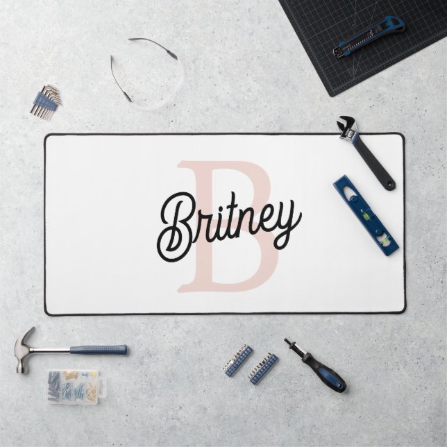 Modern Personalised Monogram and Name Pastel Pink Desk Mat (Workstation)