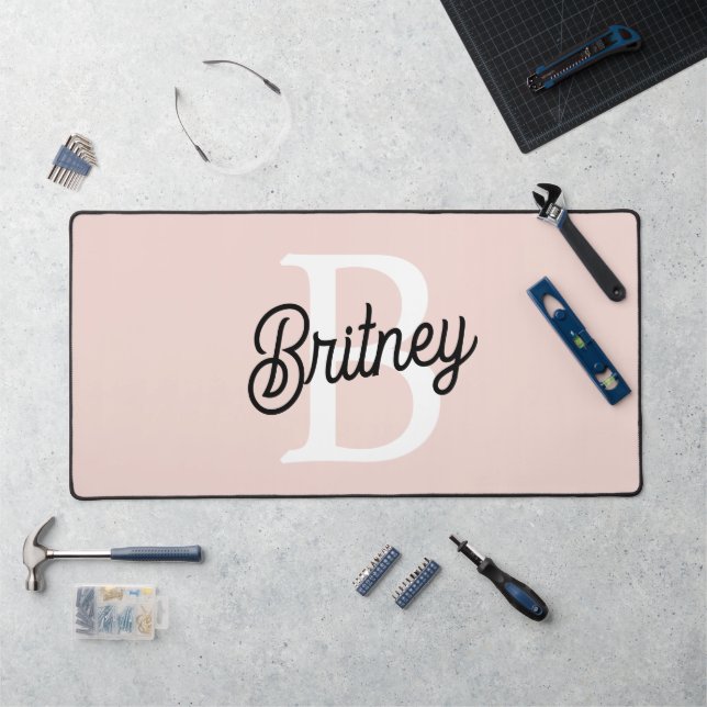 Modern Personalised Monogram and Name Pastel Pink Desk Mat (Workstation)
