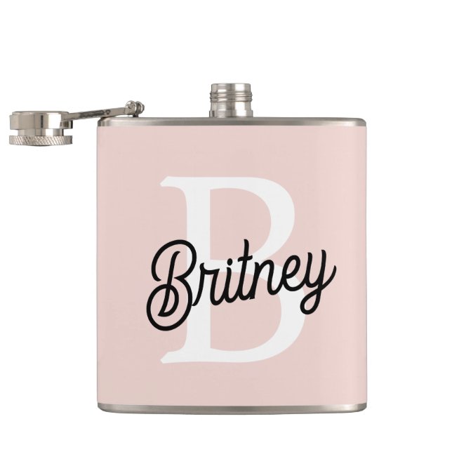 Modern Personalised Monogram and Name Pastel Pink Hip Flask (Opened)