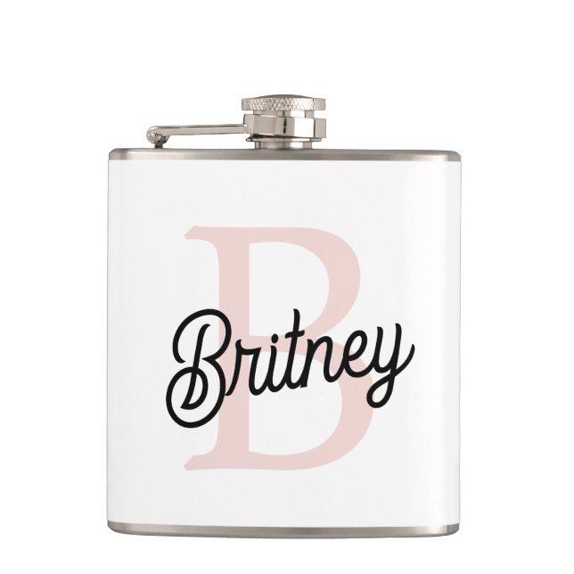 Modern Personalised Monogram and Name Pastel Pink Hip Flask (Front)