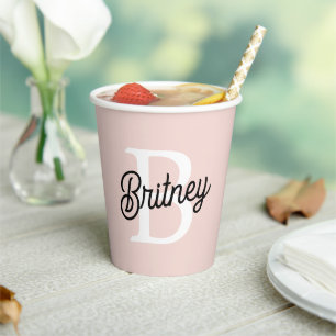 Modern Personalised Monogram and Name Pastel Pink Paper Cups