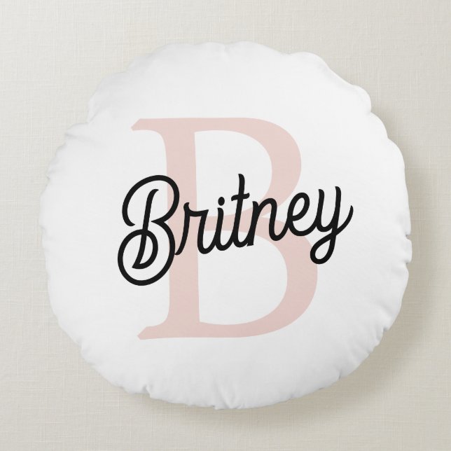 Modern Personalised Monogram and Name Pastel Pink Round Cushion (Front)