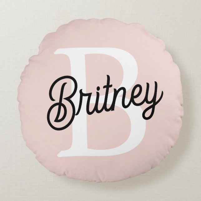 Modern Personalised Monogram and Name Pastel Pink Round Cushion (Front)