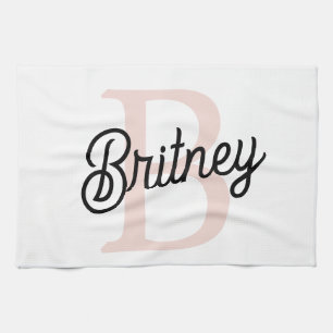 Modern Personalised Monogram and Name Pastel Pink Tea Towel