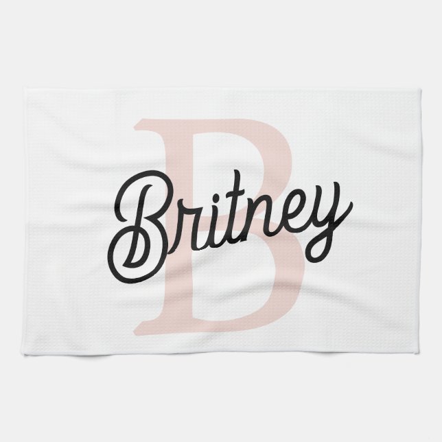 Modern Personalised Monogram and Name Pastel Pink Tea Towel (Horizontal)