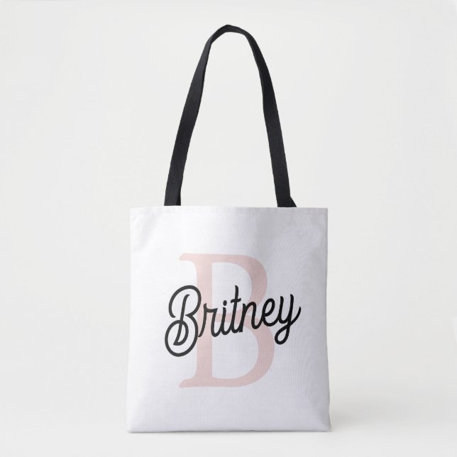 Modern Personalised Monogram and Name Pastel Pink Tote Bag (Front)