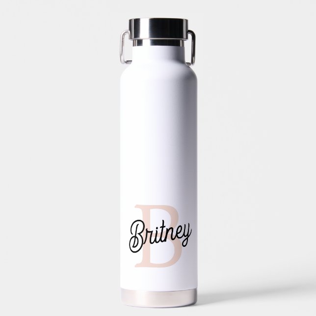Modern Personalised Monogram and Name Pastel Pink Water Bottle (Front)