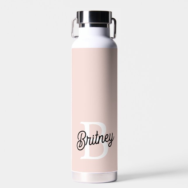 Modern Personalised Monogram and Name Pastel Pink Water Bottle (Front)