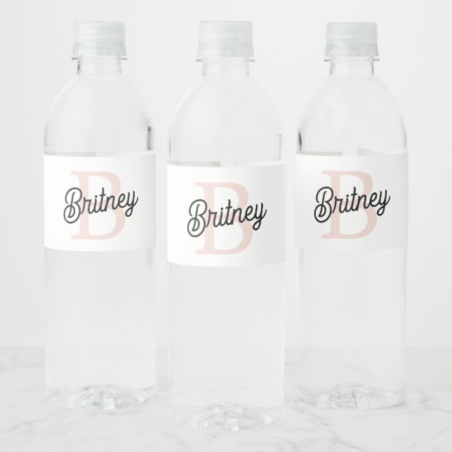 Modern Personalised Monogram and Name Pastel Pink Water Bottle Label (Bottles)
