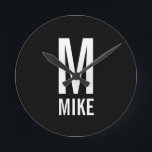 Modern Personalised Monogram and Name Round Clock<br><div class="desc">Modern Black and White Bold Monogram Design featuring personalised monogram and name in modern bold sans serif font style.
Unique gift for dad, husband, grandparents and more.
Also perfect as modern loft/minimalist home decor accessories, birthday gift, holiday gift, family reunion gift, housewarming gift and gift for any special occasions.</div>