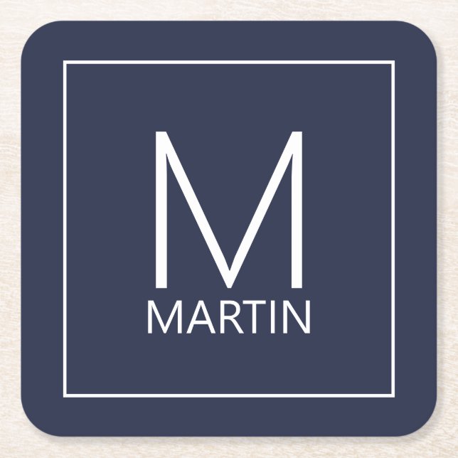 Modern Personalised Monogram and Name Square Paper Coaster (Front)