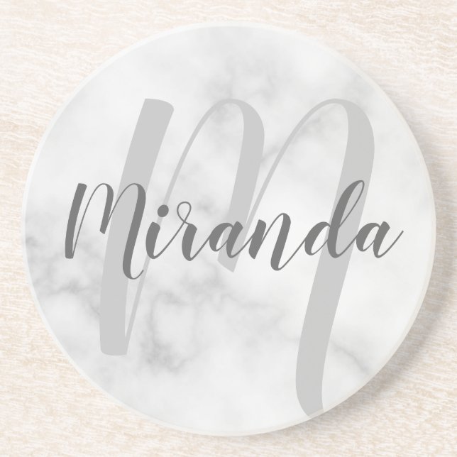 Modern Personalised Monogram and Name White Marble Coaster (Front)