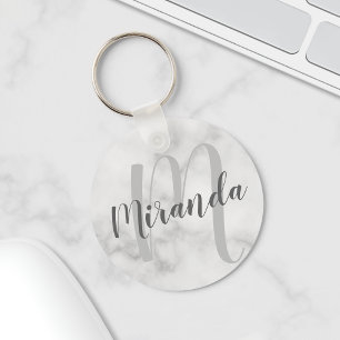 Modern Personalised Monogram and Name White Marble Key Ring