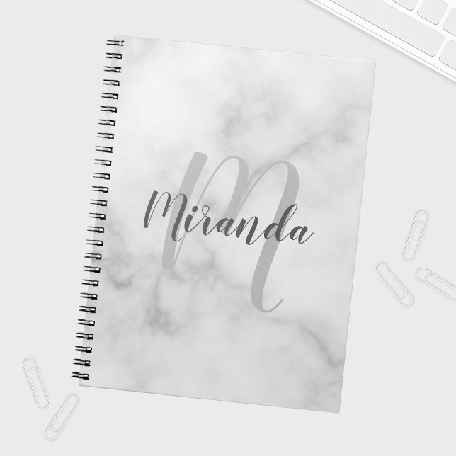 Modern Personalised Monogram and Name White Marble Notebook (Creator Uploaded)
