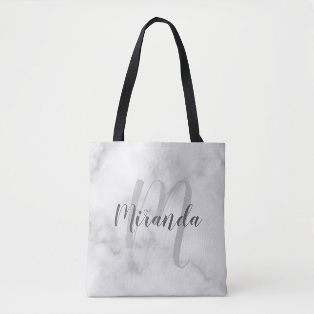 Modern Personalised Monogram and Name White Marble Tote Bag (Front)