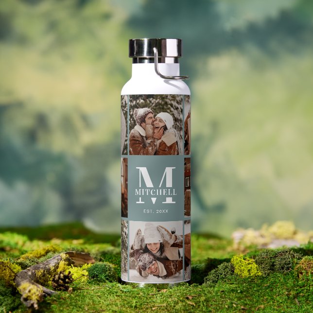 Modern Personalised Monogram & Photo Collage Sage Water Bottle (Outdoor)