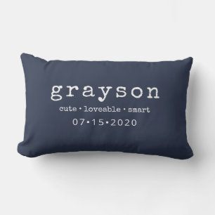 Modern Personalised Name Birthdate Blue Lumbar Cushion