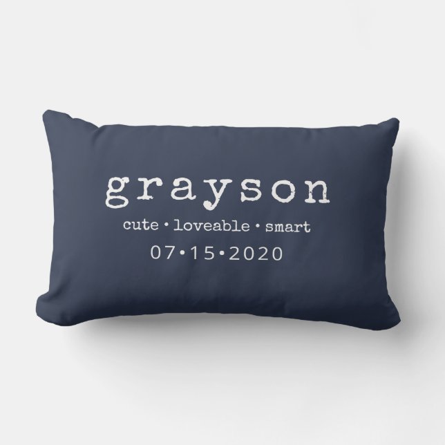 Modern Personalised Name Birthdate Blue Lumbar Cushion (Front)