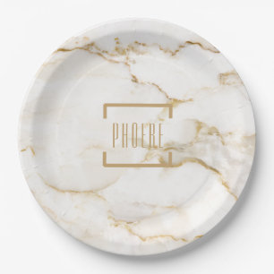 Modern Personalised Name Gold Effect Marble Cake S Paper Plate