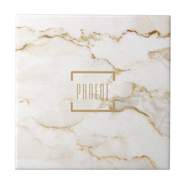 Modern Personalised Name Gold Effect Marble Ceramic Tile (Front)