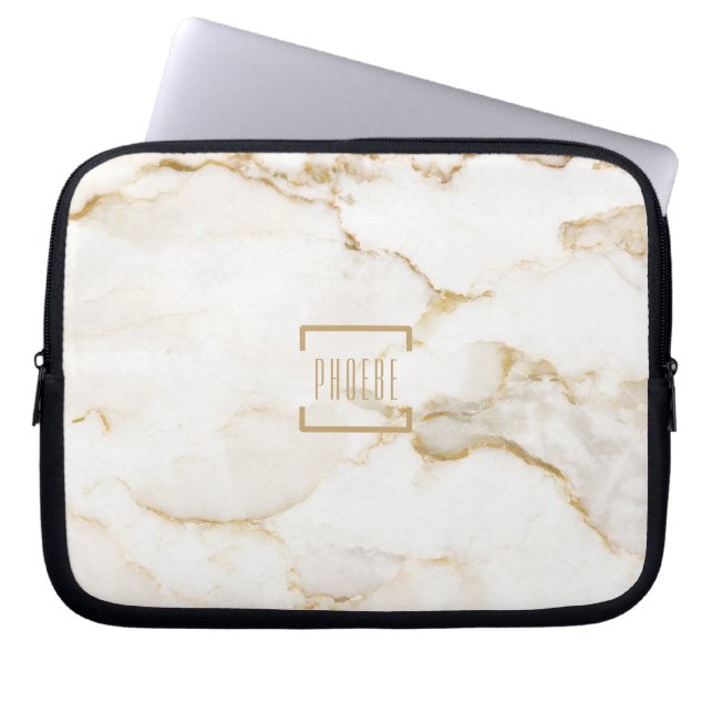 Modern Personalised Name Gold Effect Marble Laptop Sleeve (Front)